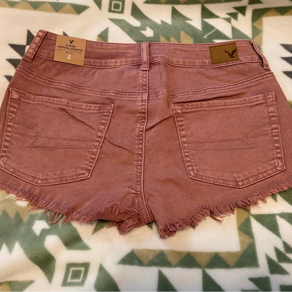 American Eagle Pink Hi-Rise Festival Shortie Distressed Jean Shorts Size: 6 - Picture 3 of 11